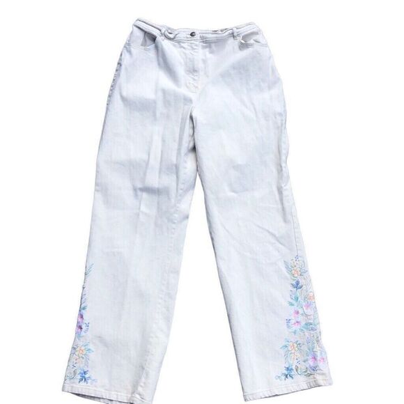 Denim & Co. Embroidered Straight Leg Women Pants Sz Large Denim Mom Jeans Tan - Picture 5 of 8